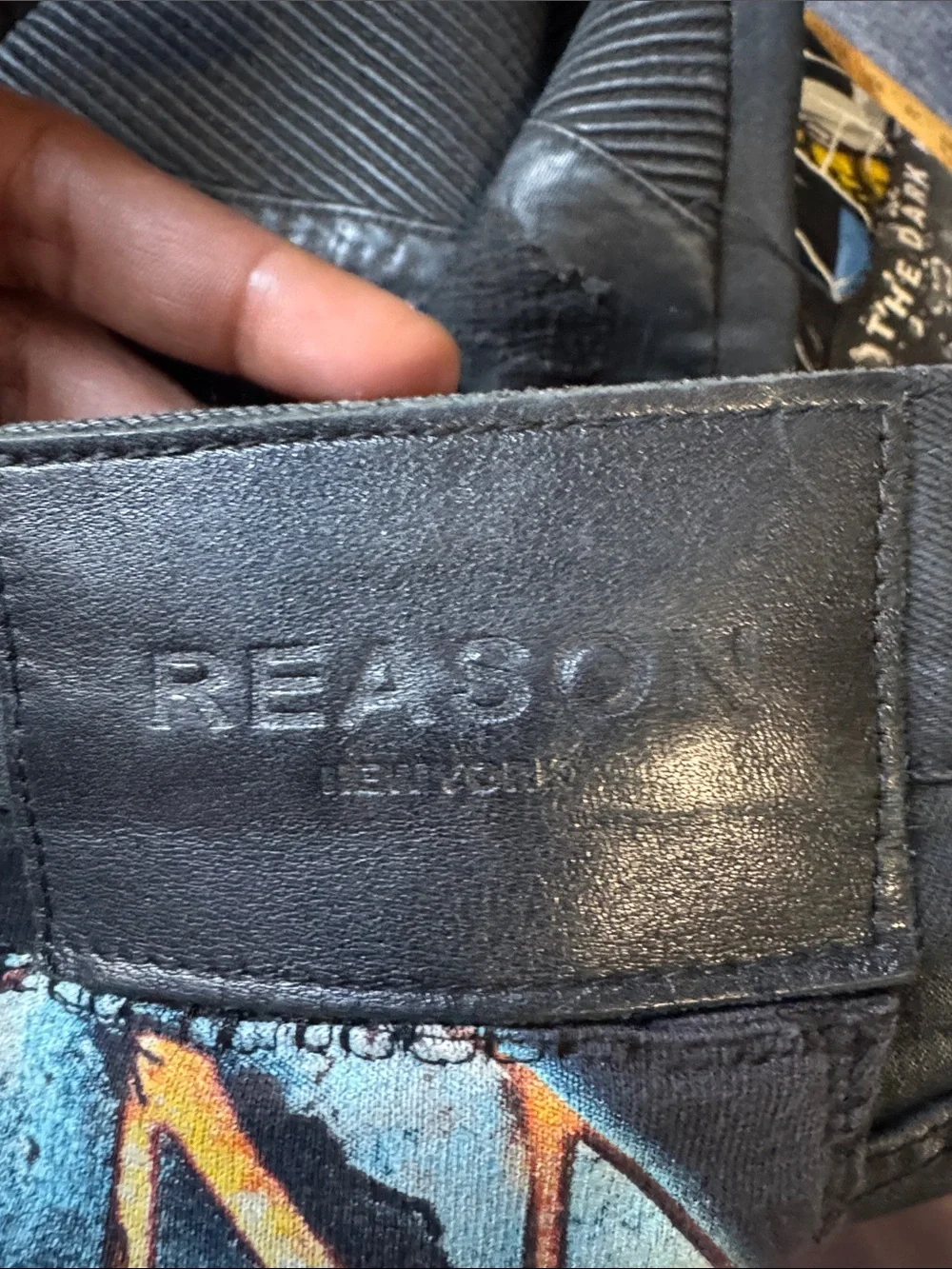 Reason Black Patchwork Graphic Slim Straight Jeans with Blue & Purple Accents